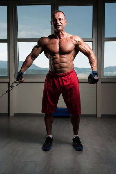 Bellissimo Ragazzo Sportivo Potere Maschile Uomo Muscoloso Palestra Manubrio Flessione — Foto Stock