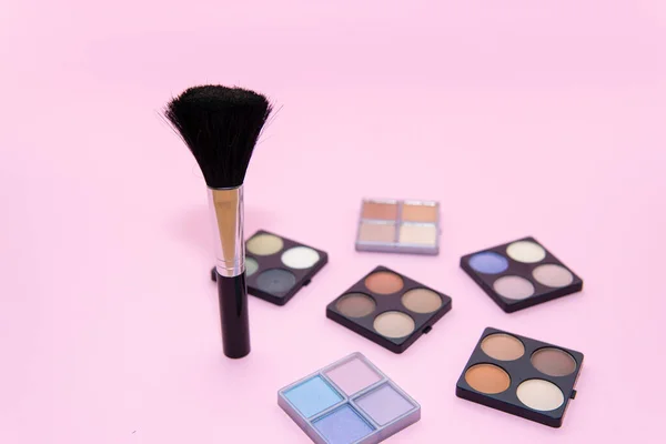 Set Van Make Borstels Borstel Roze Achtergrond Schoonheid Mode Concept — Stockfoto