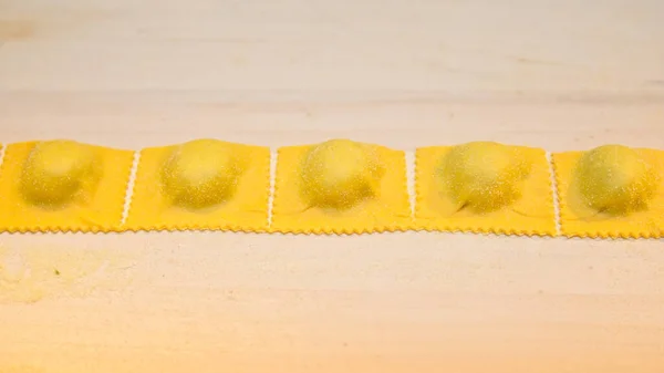 Fresh Yellow Ravioli Wooden Background — Stock Photo, Image