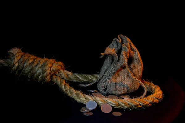 Монети Мотузка Чорному Тлі — стокове фото