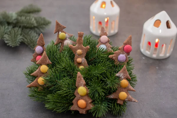 Décoration Noël Avec Branches Sapin Cônes Cône Pin Sur Fond — Photo