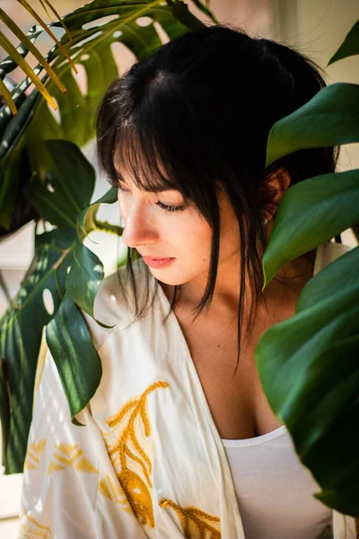 Beautiful Young Woman Long Hair White Dress Background Tropical Garden — Stock Fotó