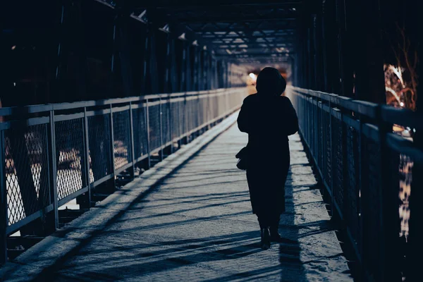 Köprünün Arkasında Sırt Çantası Olan Siyah Elbiseli Bir Adamın Silueti — Stok fotoğraf