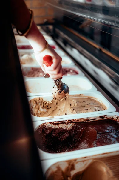 Close Female Hands Pouring Chocolate Ice Cream Glass — Stock Photo, Image