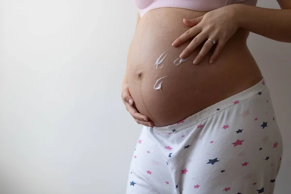 Pregnant Woman Her Belly White Background — Stock Photo, Image