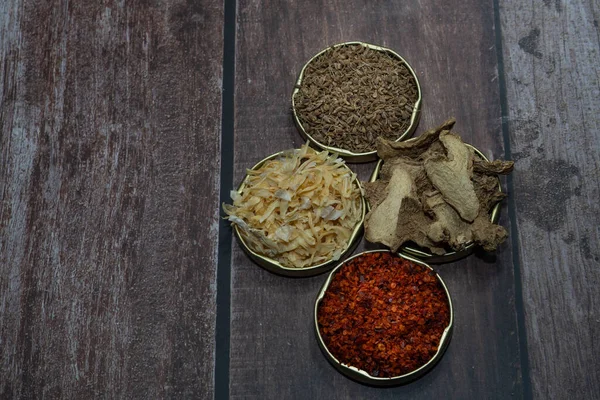 Various Spices Wooden Bowl White Background — Stock Photo, Image