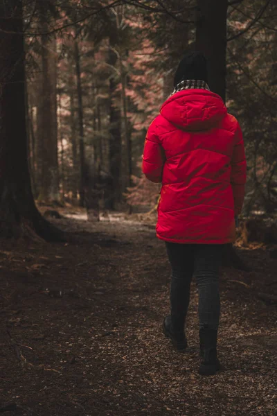 赤いレインコートを着た若い女性が森を歩き — ストック写真