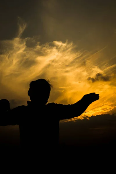 Silhouette Man Backpack Beach — Stock Photo, Image