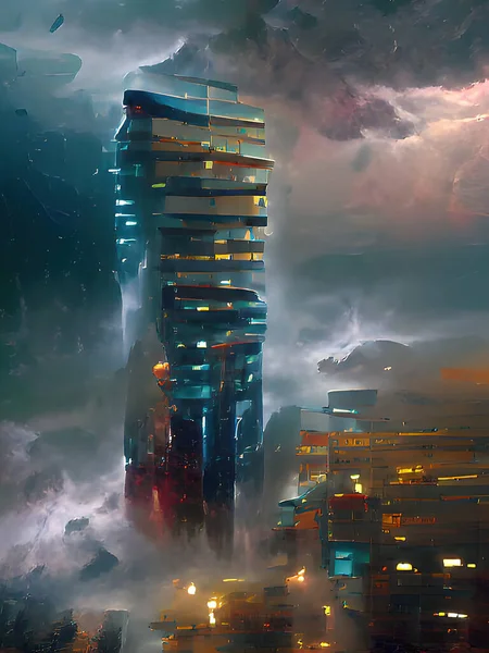 Ilustración Del Rascacielos Futurista Las Nubes — Foto de Stock