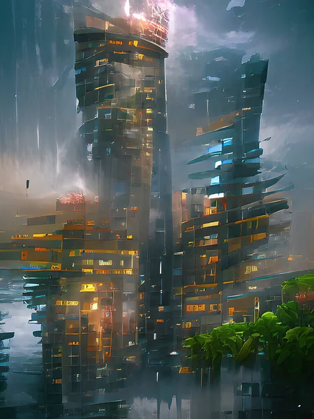 Felhők Futurisztikus Felhőkarcolójának Illusztrációja — Stock Fotó