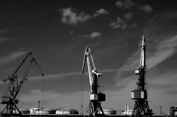 港の背景にある黒と白のクレーン — ストック写真