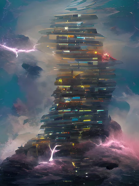 雲の中の未来的な超高層ビルのイラスト — ストック写真