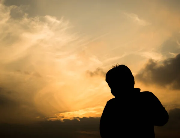 Silhouette Man Backpack Background Sunset — Stock Photo, Image