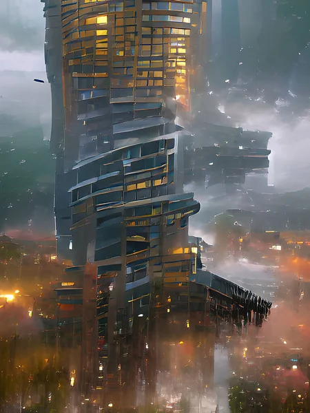 Illustration Futuristic Skyscraper Clouds — Stock Photo, Image