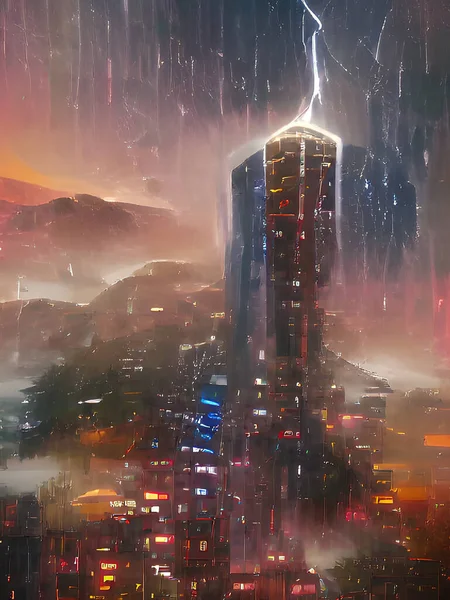 Ilustración Del Rascacielos Futurista Las Nubes — Foto de Stock