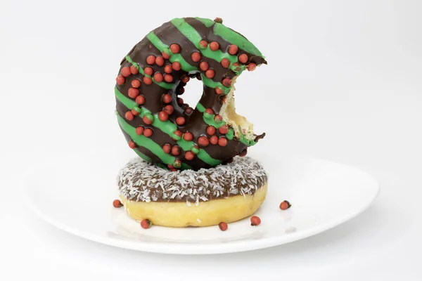Donuts Chocolate Glaze White Plate — Stock Photo, Image