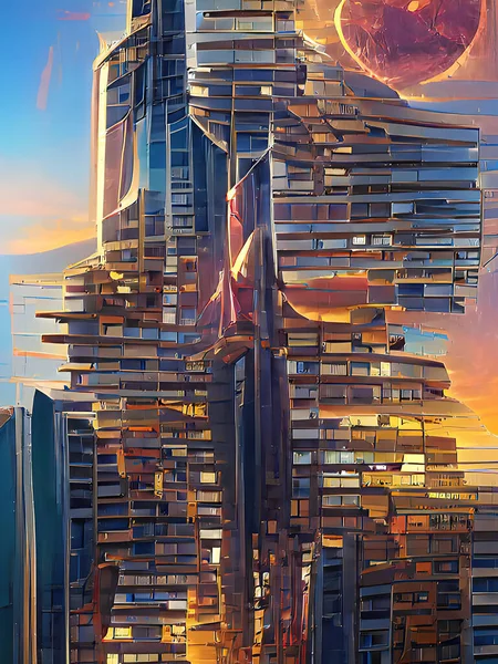 Illustration Bâtiment Futuriste Avec Vue Sur Ville — Photo