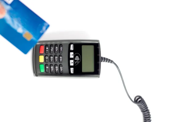 Πιστωτική Κάρτα Smartphone Και Μπλε Φόντο — Φωτογραφία Αρχείου
