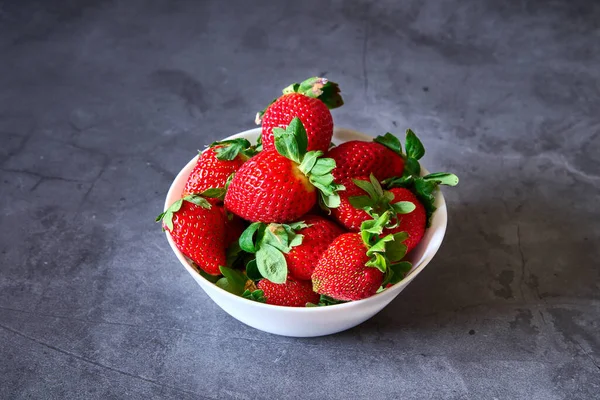 Fresh Ripe Strawberries Bowl Gray Background — Stock Photo, Image