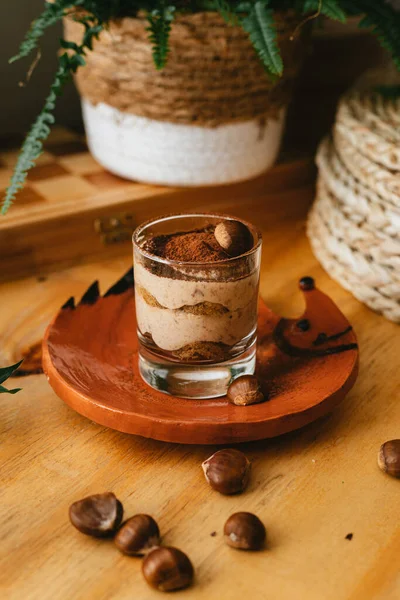 Mousse Chocolate Com Cacau Canela Mesa Madeira — Fotografia de Stock