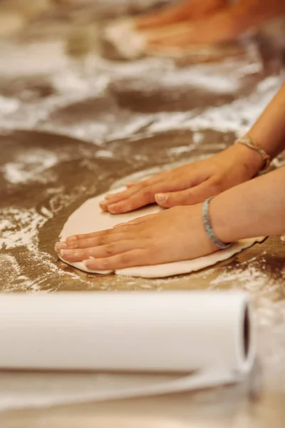 Cropped View Female Hands Making Dough Rolling Pin Table — Stock Photo, Image