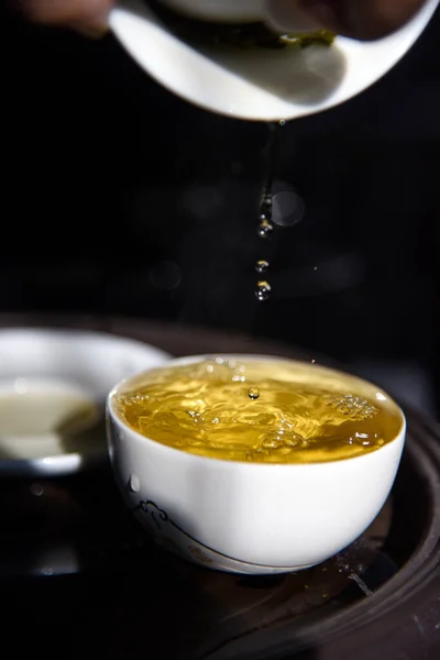 Pouring Honey Glass Bowl Black Background — Stock Photo, Image