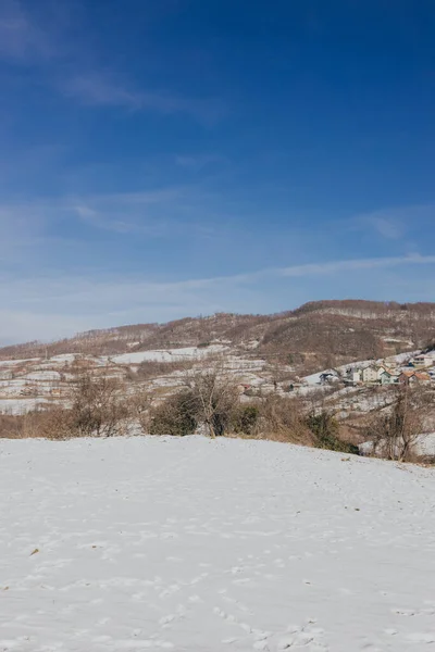 Wunderschöne Landschaft Mit Schneebedeckten Bäumen Und Blauem Himmel — Stockfoto