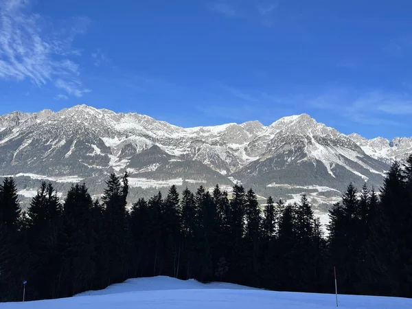 Bela Paisagem Com Árvores Cobertas Neve Nas Montanhas — Fotografia de Stock