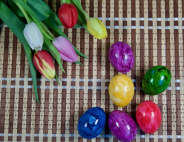 Easter Eggs Tulips Background — Stock Photo, Image