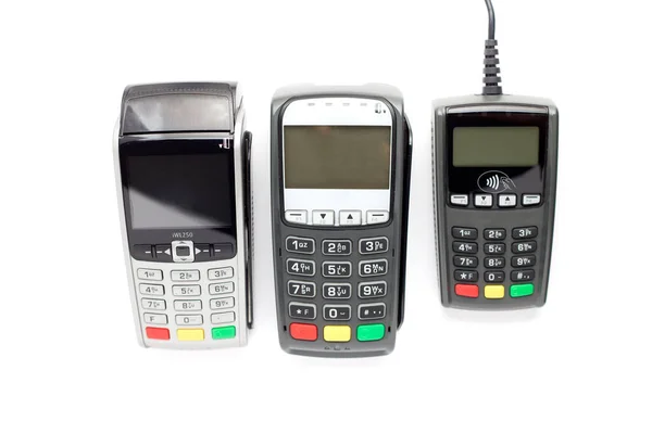 Πιστωτική Κάρτα Pos Τερματικό Και Κινητό Τηλέφωνο Λευκό Φόντο — Φωτογραφία Αρχείου