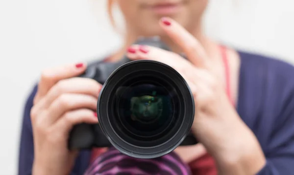 Woman Photographer Camera Professional Video Photo — Stock Photo, Image