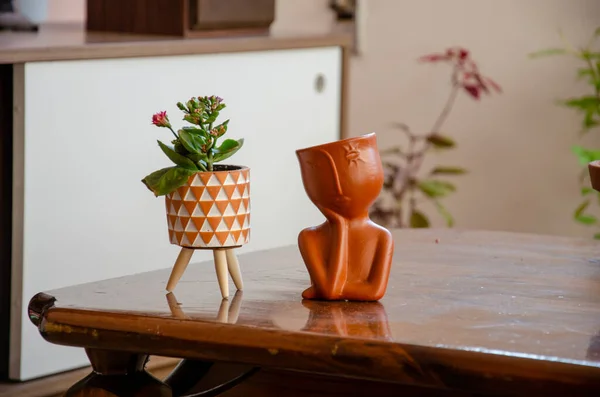 Bellissimo Vaso Ceramica Con Fiori Tavolo Legno — Foto Stock