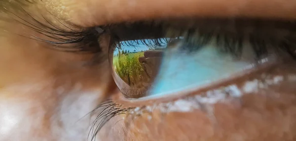 Ojo Mujer Con Ojos Cielo Verde Azul —  Fotos de Stock