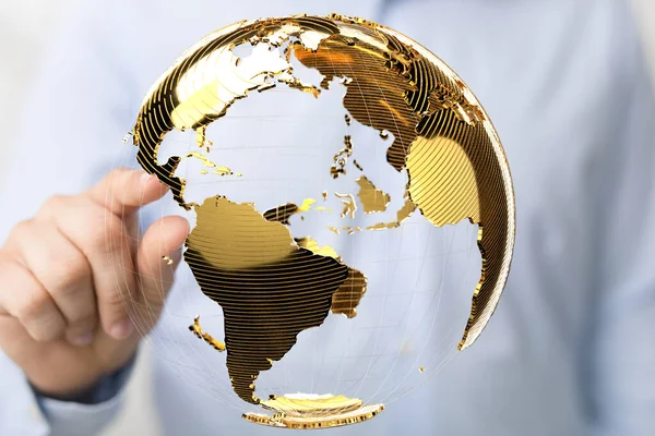Main Tenant Globe Avec Une Carte Monde — Photo