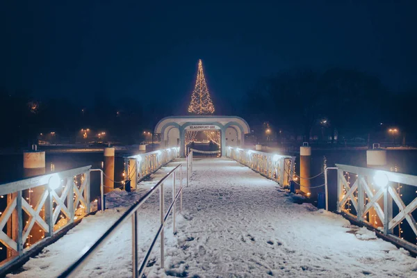 Inverno Notte Città Strada Vista Con Neve Alberi — Foto Stock