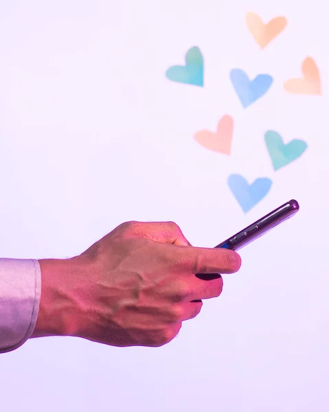 Hand Holding Smartphone Hearts White Background — Stock Photo, Image