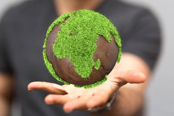 Mãos Segurando Globo Terra Verde Com Fundo Branco — Fotografia de Stock