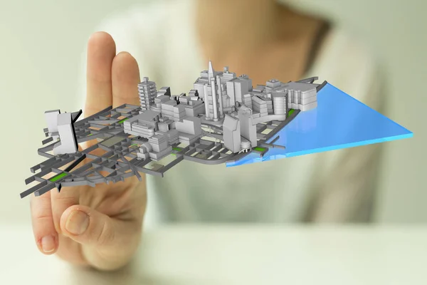 Mão Segurando Mapa Cidade Futuro — Fotografia de Stock