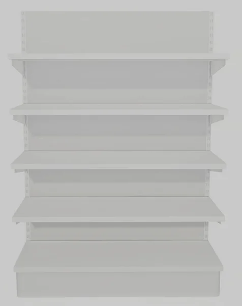 Leere Weiße Regale Mit Leerer Grauer Wand Darstellung — Stockfoto