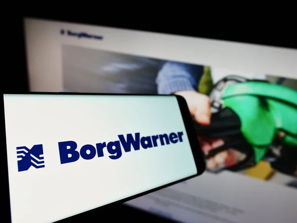 Hand Holding Smartphone Front Screen Symbol Website Borgwarner Company — Stock Photo, Image