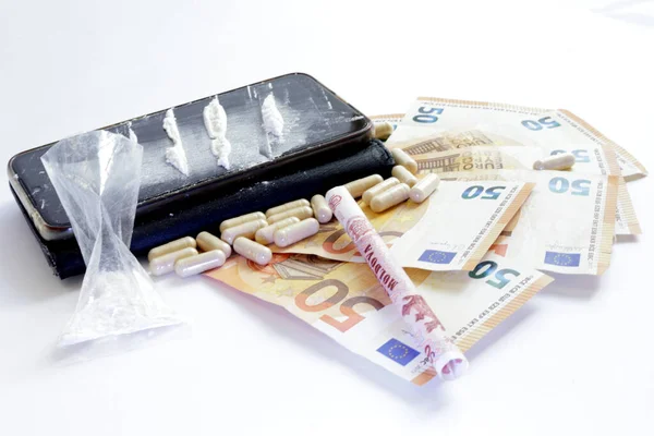 Peníze Drogy Drogová Banka — Stock fotografie