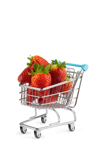 Fresas Frescas Maduras Carrito Compra Alimentos Saludables Para Nutrición Concepto — Foto de Stock