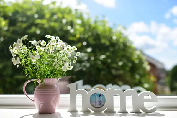 Schöne Blumen Einem Topf Auf Dem Hintergrund Eines Fensters — Stockfoto