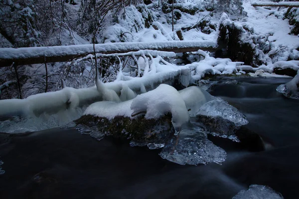 Een Prachtige Waterval Bedekt Met Sneeuw Het Winterbos — Stockfoto