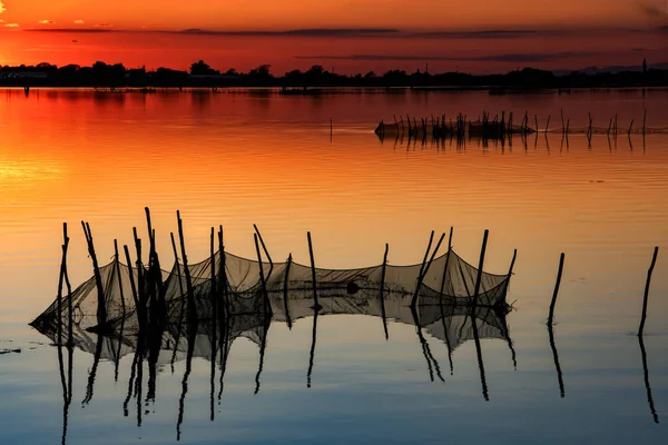 Sunrise Lake Silhouette Reed Fishing Nets — Stock Photo, Image