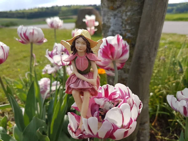 Elf Figurine Flowers Background — Stock Photo, Image