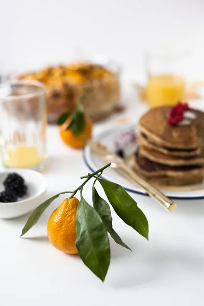 Pancakes Honey Berries White Plate — Stock Photo, Image