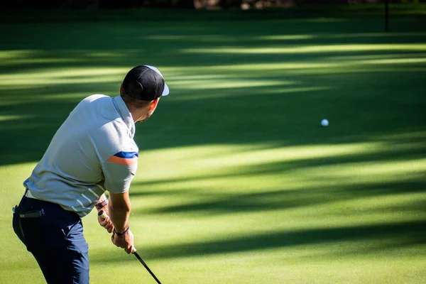 緑の芝生の上でボールを打つゴルフ選手は — ストック写真