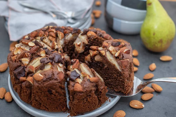 Homemade Chocolate Cake Nuts Walnuts Dark Background — Stock Photo, Image