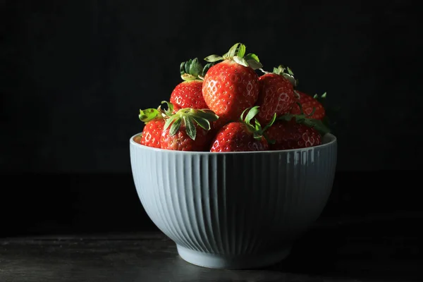 Fresh Ripe Strawberries Bowl Black Background — Stock Photo, Image